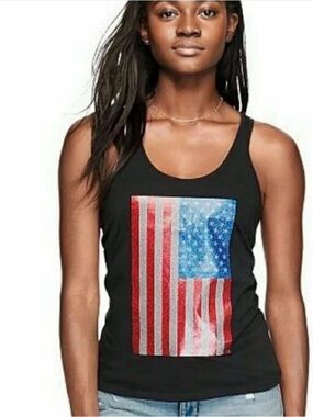 Victoria’s Secret PINK BlackRacerback Tank with Sparkle American Flag Sz L